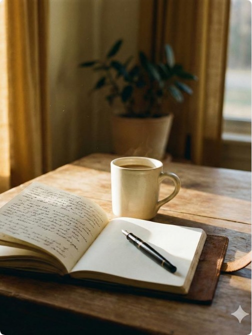 A cup of coffee beside an open writing notebook and pen on a sunny wooden table