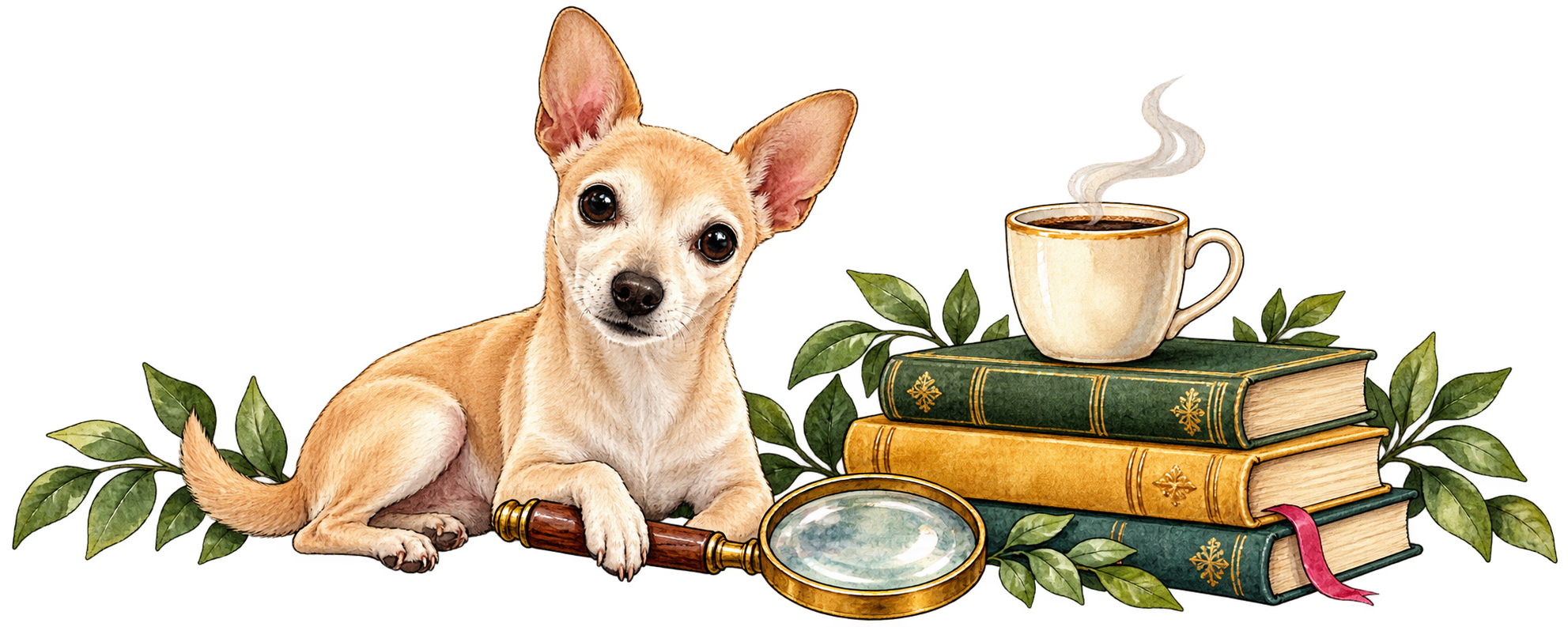 Ollie beside mystery books, a coffee cup, and a magnifying glass