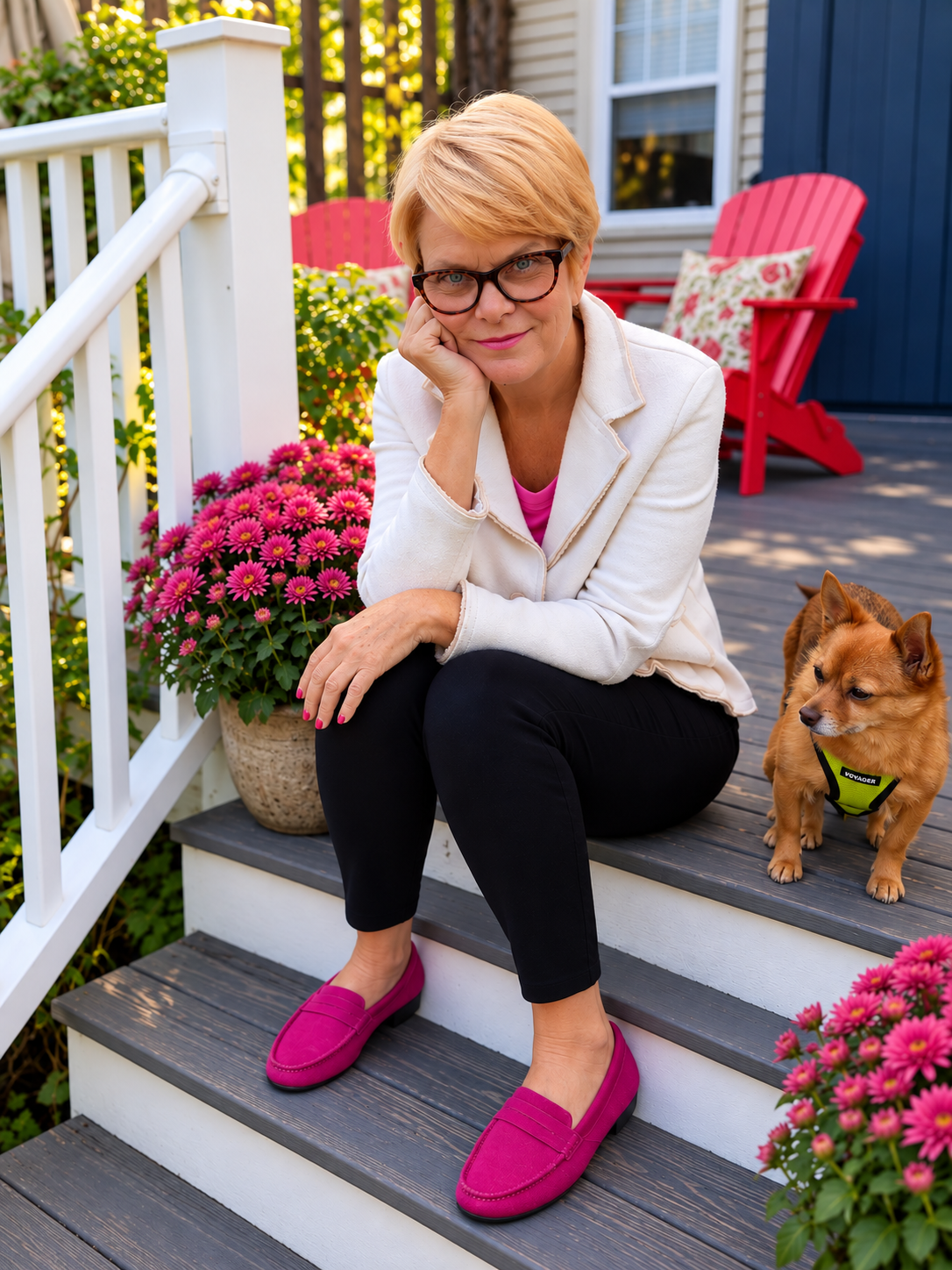 Jane Willan sitting on the porch steps beside her dog