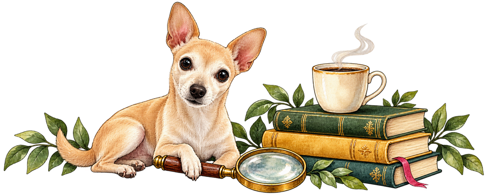 Ollie beside mystery books, a coffee cup, and a magnifying glass