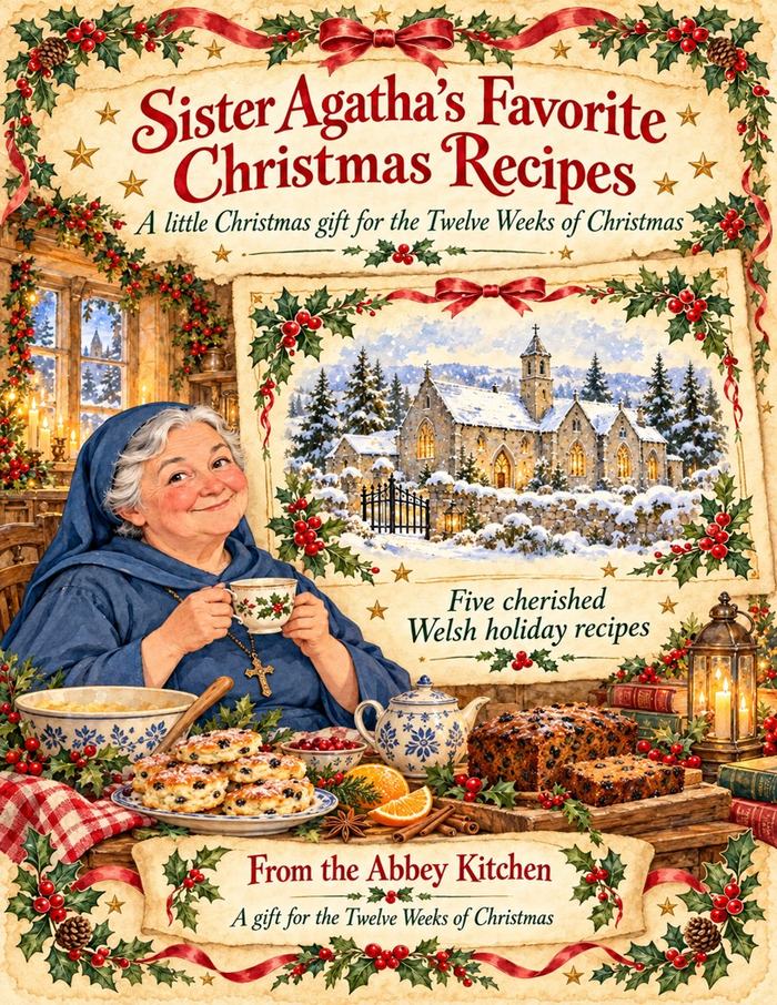 Sister Agatha's Favorite Christmas Recipes: five cherished Welsh holiday recipes from the Abbey kitchen. A watercolor of Sister Agatha with a cup of tea beside a fruit loaf, a plate of cakes, and a snowy abbey.