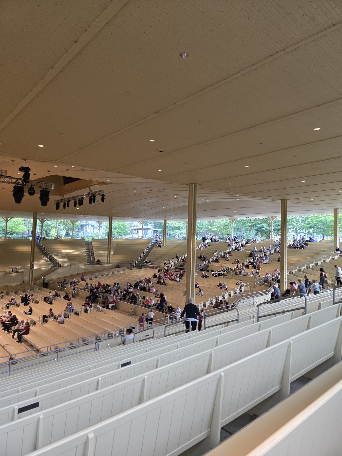 The open-air Chautauqua Amphitheater with its sweeping roof and rows of benches
