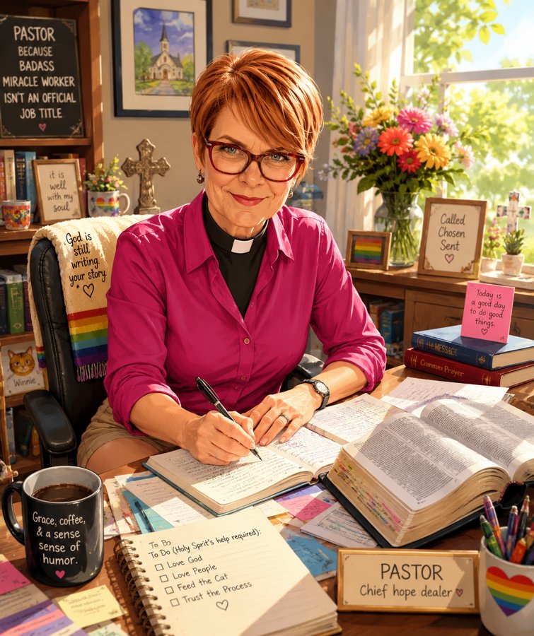 Illustration of Jane Willan at her desk in the parsonage study, writing in a notebook beside an open Bible and a cup of coffee.