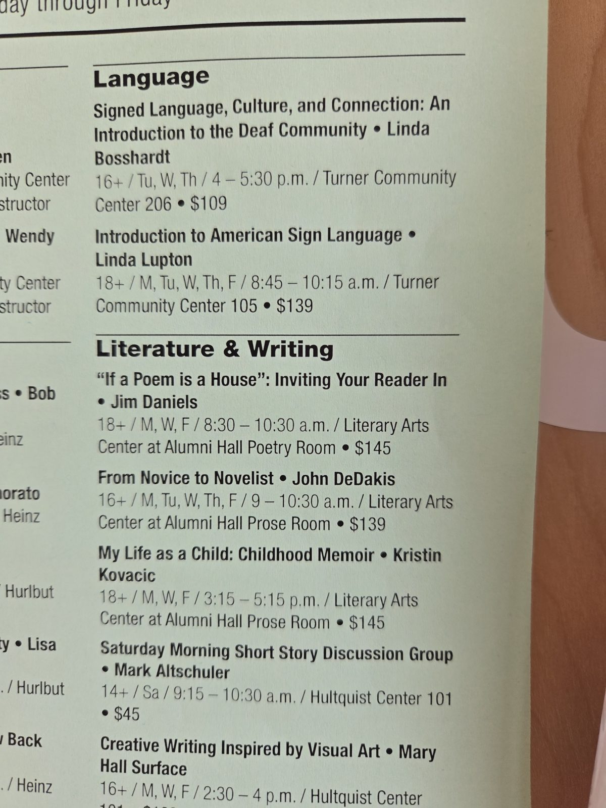 A page of the Chautauqua course catalog listing literature and writing classes